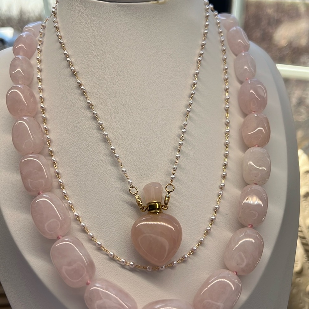 M24 Rose Quartz Perfume Bottle Necklace with Long Pearl Chain Sweater Length
